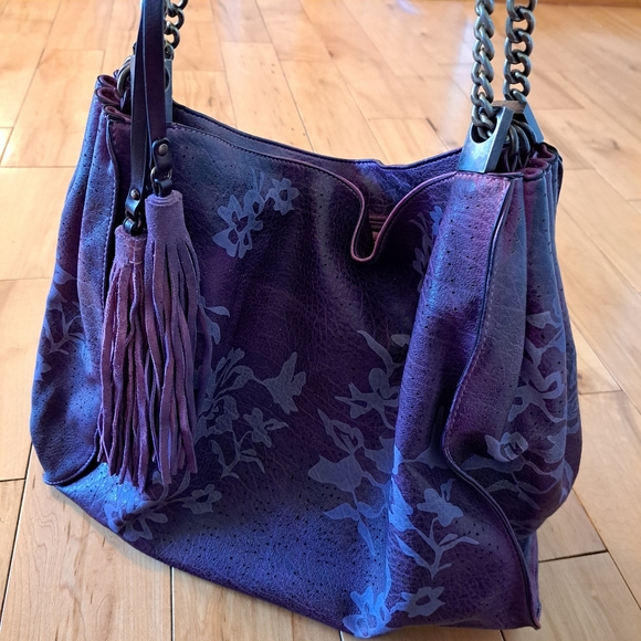 Moda Luxe Hobo Boho Style Vegan Leather Purse Bag Washed Plum w/ Tassel Accents - Picture 8 of 15